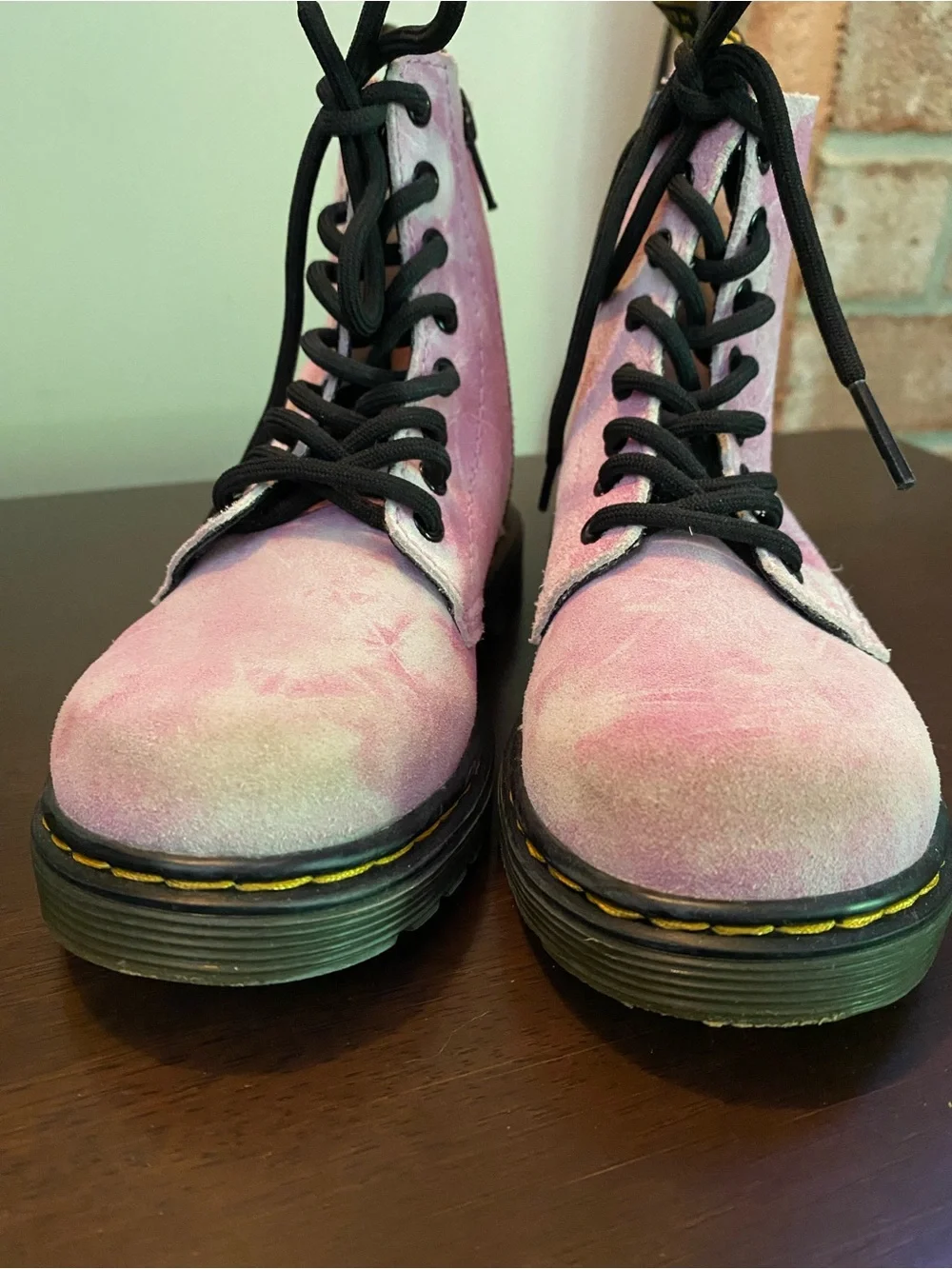 Dr. Martens Pink Suede Kids Lace-Up Boots with Black Laces